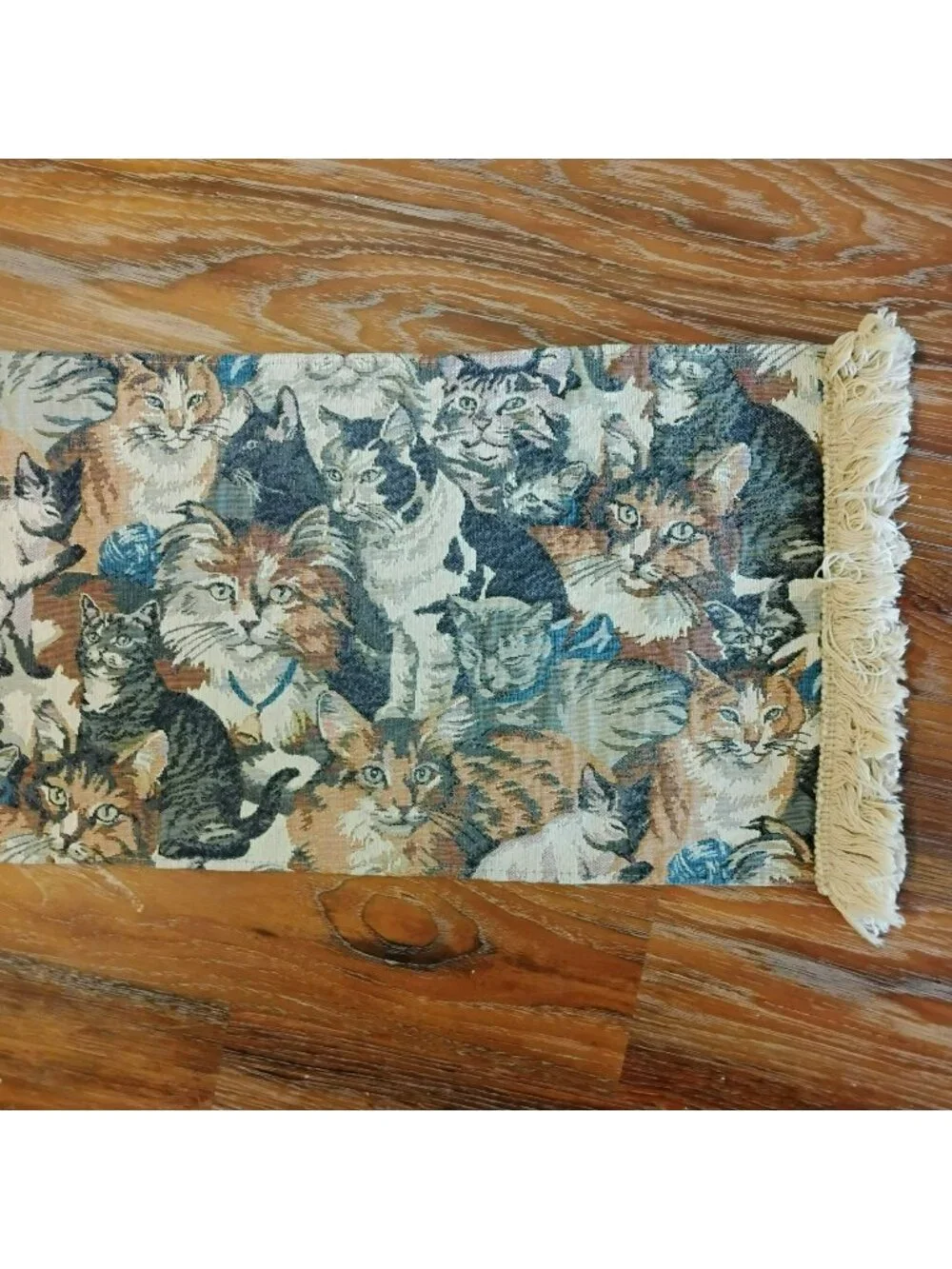 Vintage Cat Tapestry Table Runner With Fringe Edging, 64x12, Tan Cream Blue